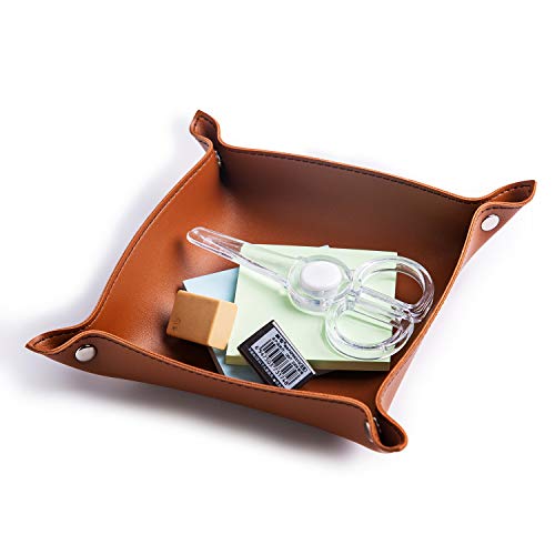 SANQIANWAN Leather Jewelry Valet Tray for Women and Man, Portable Entryway Table Tray Bedside Nightstand Desk Tray Small Catchall Travel Dish Plate for Key,Wallet,Watch,Coin (2PCs Brown-B) - color: 2pcs Brown-b, size: 8×8