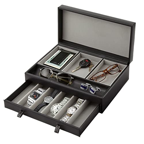 Stock Your Home Mens Valet Tray, Men's Jewelry Box, Night Stand Organizers and Storage, Bedside Table Organizer, Watch Box for Dresser, Faux Leather (Black & Gray) - color: Black & Gray