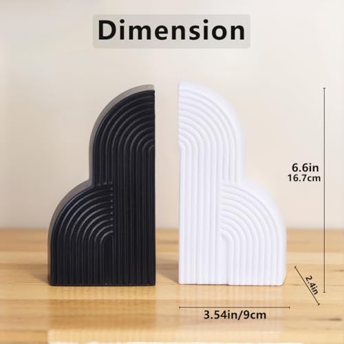 Black and White Decorative Bookends for Shelves Set of 2 – Heavy Duty Resin Book Ends, Modern Minimalist Geometric Book Stoppers for Heavy Books, Boho Aesthetic Shelf Decor for Home, Office, Library - color: White and Black