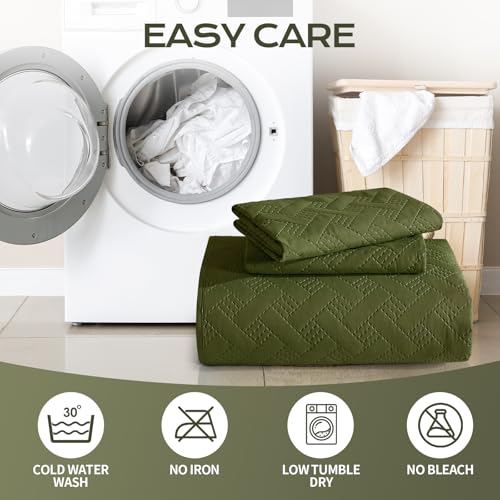 JYHOPE Olive Green Twin Quilt Set 68x90 Lightweight Microfabric Bedspread, 3-Piece Quilt Bedding with Pillow Shams, Summer Cooling Quilts, Ribbon Wrapped Gift - color: Weave Pattern-olive Green, size: Twin(68x90)