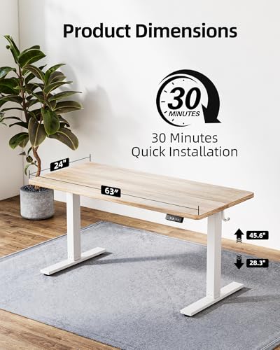 TIQLAB Standing Desk 63 x 24 inch, Electric Height Adjustable Desk with Splice Board, Sit Stand Desk Computer Table for Home Office, White Frame/Maple Top - color: Maple, size: 63*24 inch