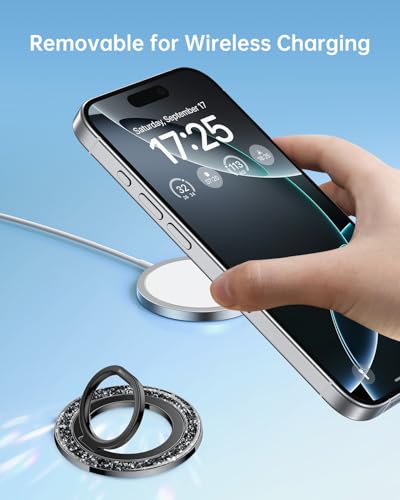 SYNCWIRE Magnetic Phone Ring Holder for MagSafe - Glitter Phone Grip Stand with 360° Rotation Finger Ring Kickstand Blingbling Compatible with iPhone 17 16 15 14 13 12 Pro Max MagSafe Accessories - color: Single Ring-1PCS-Glitter Black