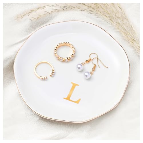 ProCase Ceramic Jewelry Tray, Initial Ring Dish Trinket Plate Engagement Gift, Small Personalized Monogram Ring Bowl for Wedding, White Decorative Jewelry Holder for Women Vanity -Letter L - style: L