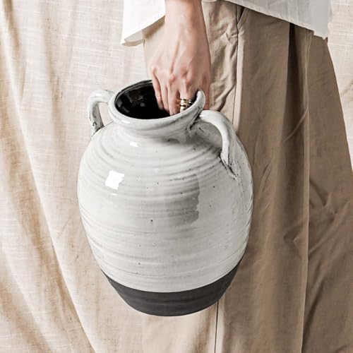 Large White Ceramic Vase - 11.3 Inch Rustic Farmhouse Vase with Handles for Home Decor, Vintage Tall Vases for Living Room, Table, Bathroom, Holiday & Weddings (Aurora White) - color: Aurora White-11.3"