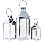 Allgala 3-PC Lantern Set 24 Inch Jumbo Deluxe Modern Indoor/Outdoor Candle Lantern Set Silver Stainless Steel Frame Tempered Glass Pyramid Top for Garden Poolside Fireplace Wedding - color: Pyramid Top Silver