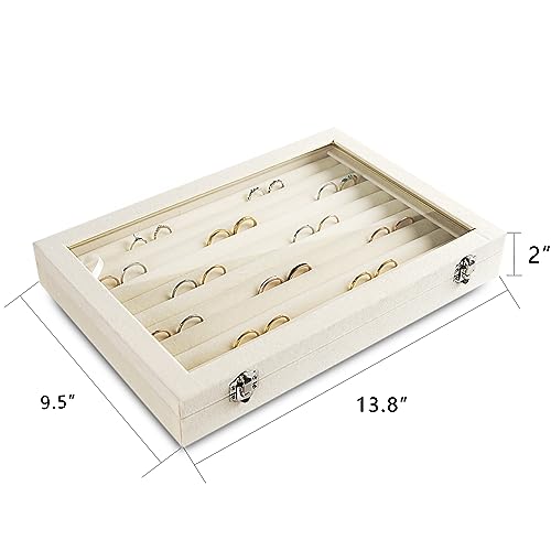 Frebeauty Rings/Earrings Organizer Tray with Clear Lid 10 Slots Velvet Drawer Insert Jewelry Storage box with Glass lid Jewelry Display Case Showcase Gift for Girls Women (Beige, 10 Slots) - color: Beige, size: 10 Slots