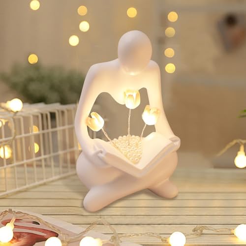 Reading Women Statue with Tulip Lamp, Thinker Sculptures with Night Light, Abstract Art Ornament, Modern Aesthetic Figurine Decoration for Home Living Room Bedroom Office Table Desk Bookshelf Decor