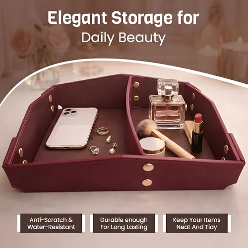 Valet Tray Organizer for Men & Women - PU Leather Catch All Tray with Removable Divider - EDC Storage for Keys, Watch, Phone - Nightstand, Dresser & Desk Organizer - Crimson Merlot - color: Crimson Merlot