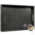 25x18 inches Leather Ottoman Serving Tray with Hole Handles, Rectangle Large Modern Service Tray for Living Room, Coffee Table, Bed, Tea, Food, Butler Countertop, Kitchen, Dinner, Picnic (Black) - color: Black, size: 25" x 18" x 2"