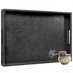 25x18 inches Leather Ottoman Serving Tray with Hole Handles, Rectangle Large Modern Service Tray for Living Room, Coffee Table, Bed, Tea, Food, Butler Countertop, Kitchen, Dinner, Picnic (Black) - color: Black, size: 25" x 18" x 2"