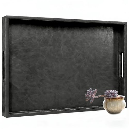 30x24 inches Rectangle Leather Ottoman Serving Tray with Hole Handles, Extra Large Modern Service Tray for Living Room, Coffee Table, Bed, Tea, Food, Countertop, Kitchen, Dinner, Picnic (Black) - color: Black, size: 30" x 24" x 2"