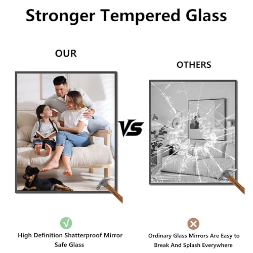 Koonmi Bathroom Mirror for Wall, 30"x36" Black Bathroom Mirror for Over Sink, Shatterproof Tempered Glass Vanity Mirror with Anti-Rust Aluminum Alloy Frame, Hang Horizontally or Vertically - color: Square Edged, size: 36"L x 30"W