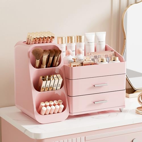 Booklov Makeup Organizer for Vanity, Large Capacity Cosmetic Display Case with Drawers, Countertop Beauty Storage Holder for Skincare, Brush Eyeliner Perfume Eyeshadow Lipsticks, Counter Desk, Pink - color: Pink, size: L01