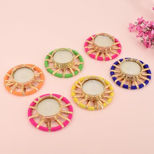 SATVIK 6 Pcs Round Chakra Metal Diya Tea Light Candle Holder | Decorative Oil Lamp for Diwali, Pooja, Mandir & Home Décor | Festival Decoration & Gifting Set with Tea Lights - size: Pack of 6