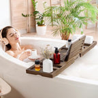 Teak Bathtub Tray - Luxury Bath Tray with Expandable Handles, Wine Glass and Phone Holders, Book Stand - Perfect for Home Spa Relaxation and Reading - Natural Bath Accessories - Dark Walnut Color - color: Dark Walnut-expandable
