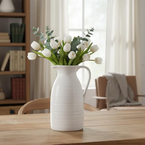 hjn Farmhouse Pitcher Vase for Flowers- Ceramic Pitcher White Flower Vase for Your Kitchen/Home Decor/Office/Living Room/Bookshelf/Mantel/-White - color: White - Pitcher Vase