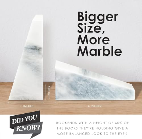 Ottimo Polished Heavy Stone Marble 6" Book Ends for Bookshelf Decor, Home, Office or Kitchen Shelves. Heavy, Triangular, and Decorative Book Stopper with Anti-Slip Pads, Great Gift Idea (White) - color: Pearl White
