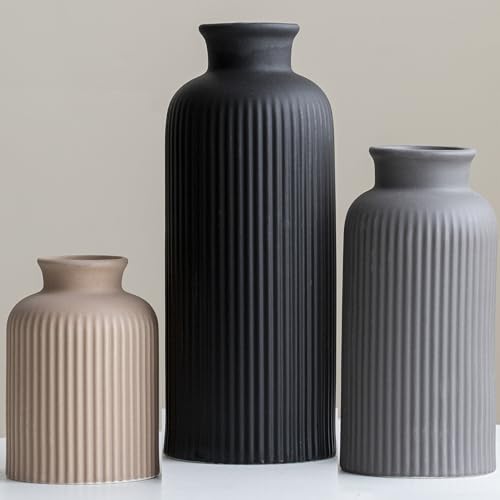 Large Modern Ceramic Vase Set, Black Ribbed Matte Finish, 3-Piece Decorative Vases for Home Living Room Office, 10 inch Tall, 4 inch Width (XL Black Mix) - color: XL Black Mix