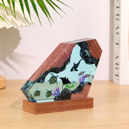 Drawelry Ocean Creative Epoxy Resin Wood Light Lamp, Handmade Multi Color Aquatic Ocean Lamp Deep Sea Diver Cave Diving Enthusiasts Led Night Light Desktop Decor Christmas Birthday Gift (Turtle, S) - color: Turtle