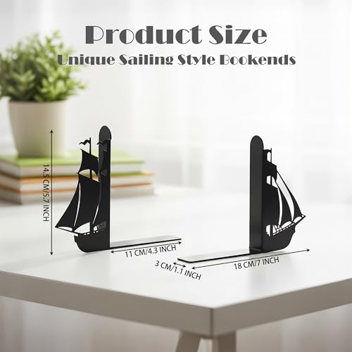 Sailing Metal Bookends, Black Decorative Book Ends for Shelves, Nonskid Book Holder Stand, Home Office Decor, Set of 2 - color: Sailing