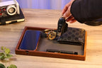 Shinpuru Wooden Valet Tray for Men, Nightstand Organizer with Leather Inlay, EDC Essentials Catchall Tray for Keys, Phone, Wallet, Watch, Earbuds - Bedside Desk Entryway Tray (Wood-Full) - color: Brown-F