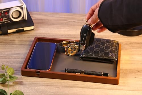 Shinpuru Wooden Valet Tray for Men, Nightstand Organizer with Leather Inlay, EDC Essentials Catchall Tray for Keys, Phone, Wallet, Watch, Earbuds - Bedside Desk Entryway Tray (Wood-Full) - color: Brown-F