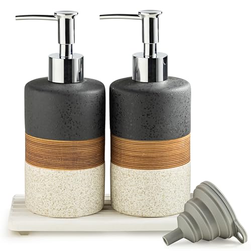 Ceramic Dish Soap Dispensers Set(2 Pack), Hand, Dish, Shower Soap Dispenser for Kitchen Sink & Bathroom, Includes Stainless Steel Pump, Silicone Funnel & Diatomaceous Holder, Black - color: Black and White, size: 2xSoap Dispenser Set with Tray
