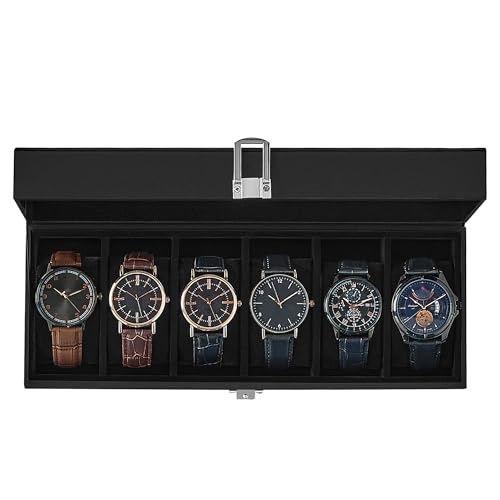 SONGMICS Watch Box, 6-Slot Watch Case Organizer with Large Glass Lid, Removable Pillows, Gift for Loved Ones, Black Synthetic Leather, Black Lining UJWB06B01 - color: Black + Black, size: 6 Slot