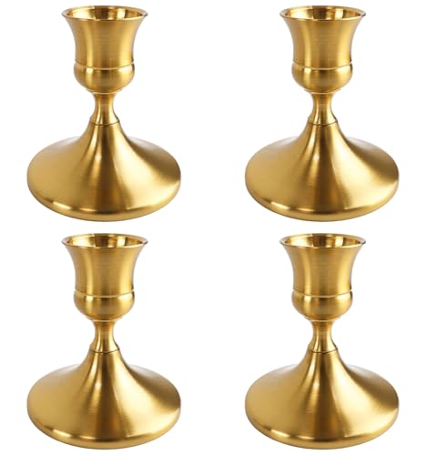 4PCS Brass Gold Candlestick Holders Set, Small Decorative Candle Holders for Taper Candles, Vintage Metal Candlestick Holders for Dinning Table Mantel Home Wedding Party Decor - size: 4PC