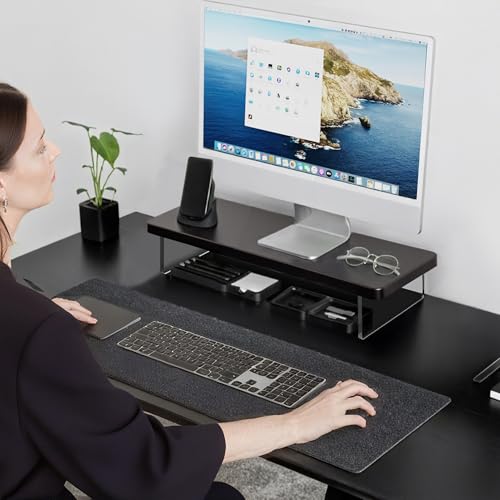 Computer Monitor Stands, Wood & Acrylic Computer Monitor Stand, Desk Monitor Stand Underneath Storage For Office, Home, School Supplies, 15.7" L (Black) - color: Sesame Black
