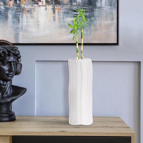 Howard Elliott Collection White Hirst Ceramic Vase for Flowers with Ripple Texture, Abstract Design Decorative Flower Vase for Weddings and Floral Arrangements, Medium, 4 x 4 x 11 Inch - size: 11"L x 4"W