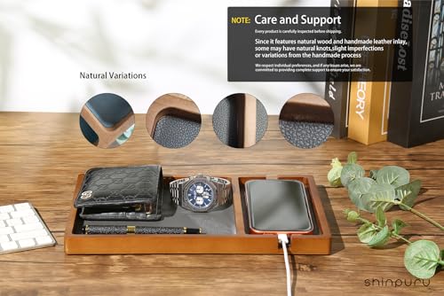 Shinpuru Wooden Valet Tray for Men, Nightstand Organizer with Leather Inlay, EDC Essentials Catchall Tray for Keys, Phone, Wallet, Watch, Earbuds - Bedside Desk Entryway Tray (Wood-Phone) - color: Brown-Ph
