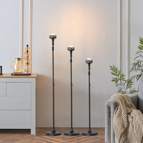 Floor Candle Holder Centerpieces for Tables,3Pcs Black Candle Holder for Pillar Candles Matte Metal Candlestick Set for Wedding Party Home Candles Holder for Ceremony Mantel Decor (Adjustable Height