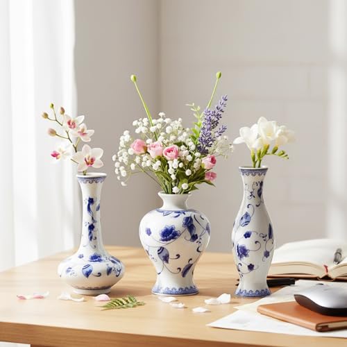 LoveCat Chinese Ceramic Vase Set - Small Blue and White Porcelain Vases, Fambe Glaze Porcelain Vases Set of 3, Classic Ceramic Flower Vases for Home Table,Bookshelf, Cupboard Décor - color: Light Blue