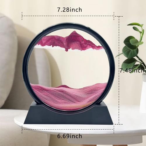 AzureLeap Moving Sand Art Liquid Motion, 3D Deep Sea Sandscape Color Quicksand Decor, Round Glass Moving Sand Art Picture Relaxing Desktop Home Office Work Decor (7 inch-Pink) - color: Pink, size: 7 inch