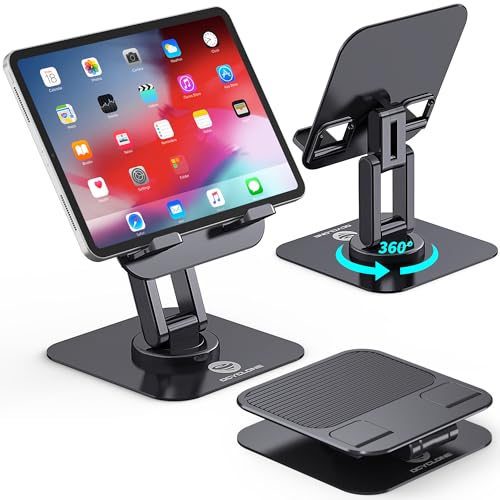 OCYCLONE iPad Stand, 360° Rotating Adjustable Foldable iPad Tablet Holder for Desk Compatible with Kindle Tablet iPad 4" - 15.6" Portable Monitor Stand, Black