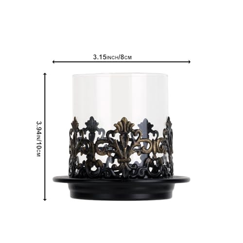 Vintage Gothic Glass Hurricane Candle Holders, Black Metal Base with Gold Accents, Clear Glass Sleeve, 4.3x4 Inch, Set of 2, for Pillar Candles - size: Height 4 inches - 2 Pieces