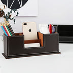KINGFOM™ Double Holder Wood Leather Multi-Function Desk Stationery Organizer Dark Brown - color: Brown-l
