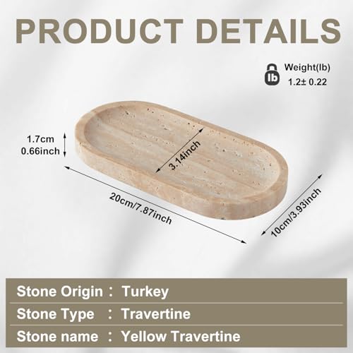 Travertine Tray, Marble Tray for Bathroom countertop,Non-Ceramic/Non-Resin，Stone for Storing Perfume, Cosmetics and Jewelry 7.87 * 3.9inch （Travertine） - color: Travertine, size: 7.9" x 3.9" x 0.7"