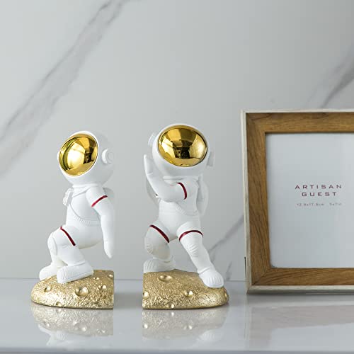 Space Theme Bookends for Shelves, Astronaut Moon Book Ends for Kids Room, Decorative Planet Book Stoppers to Hold Books Heavy Duty, Unique Boys and Girls Gift (Gold) - color: Gold - Astronauts