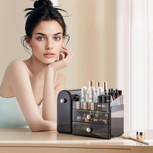 Makeup Organizer with Brush Holder for Vanity, Large Cosmetic Display Cases with 2 Drawers, Skincare Organizer for Bathroom Countertop, Black - color: Black
