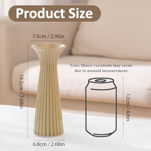 7.68” Vintage Yellow Ribbed Ceramic Vase, Small Rustic Farmhouse Vase for Pampas Grass, Centerpiece, Coffee Table, Kitchen, Office & Home Decor - color: Rustic Yellow
