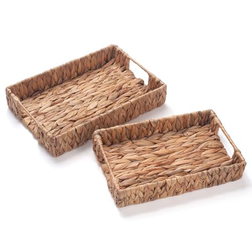 Water Hyacinth Rectangular Serving Tray for Coffee Table Natural Storage Baskets with Handles for Home and Kitchen Decor Set of 2