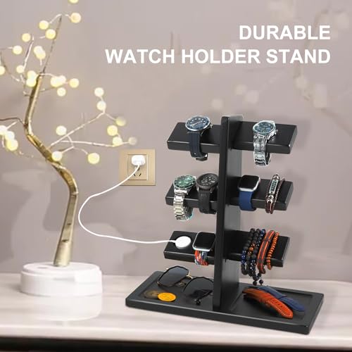 Watch Stand for Men, Watch Display Stand with Charger Groove, Wooden Watch Holder Stand, Jewelry Holder Organizer for Rings, Jewelry, Coins Bracelets, Great Gifts for Men Women, Black - color: Black