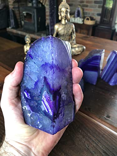 AMOYSTONE Purple Agate Bookends - Decorative Stone Book Holders for Hardback Book or Cookbooks, Stone Bookends 2-3 LBS with Rubber Bumpers, Unique Book Stoppers Home Office Decor - color: Purple, size: 2-3 Pounds