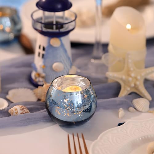 Volens Round Blue Votive Candle Holders Set of 12, Blue Wedding Centerpiece Table Decorations, Mercury Glass Tealight Candle Holder for Bridal Shower, Baby Shower & Home Decor - color: Blue
