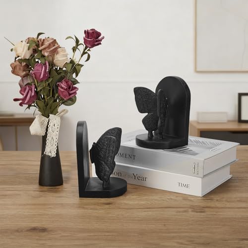 Black Butterfly Book Ends for Shelves, Butterflies Statue Decorative Bookends for Heavy Books, Resin Book Ends with Non-Slip Felt Base for Home Farmhouse Shelves Office Lover Gift - color: Butterfly Bookends Black
