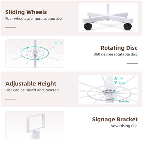 Retail Display Racks 7 Tier Spinning Display Stand, Movable Shop Spinner Rack with Hooks, Retail Display Stand for Jewelry Keyring Hats Socks Toys (White) - color: White, style: 7 Tier