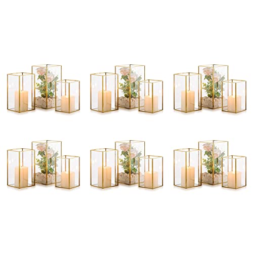 Nuptio Glass Hurricane Candle Holder Set of 18 Gold Pillar Candle Holders Large Rectangular Candleholder Table Centerpieces Decoration for Wedding Party Holiday Home Ornaments 9.5 & 8.1 & 6.5 inch - color: Gold, size: 9.5 & 8.1 & 6.5 inch H - 18 Pcs