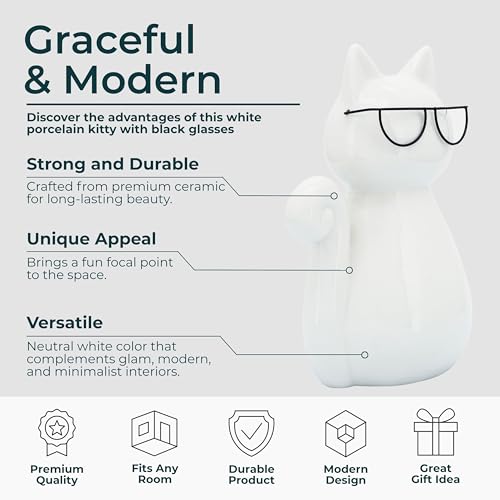 7" Cat with Glasses Sculpture - Contemporary Porcelain White and Black Cat Statue for Home or Office Decor - Cat Lover Gift Idea - Decorative Home Decor Accent - size: 7.0" H